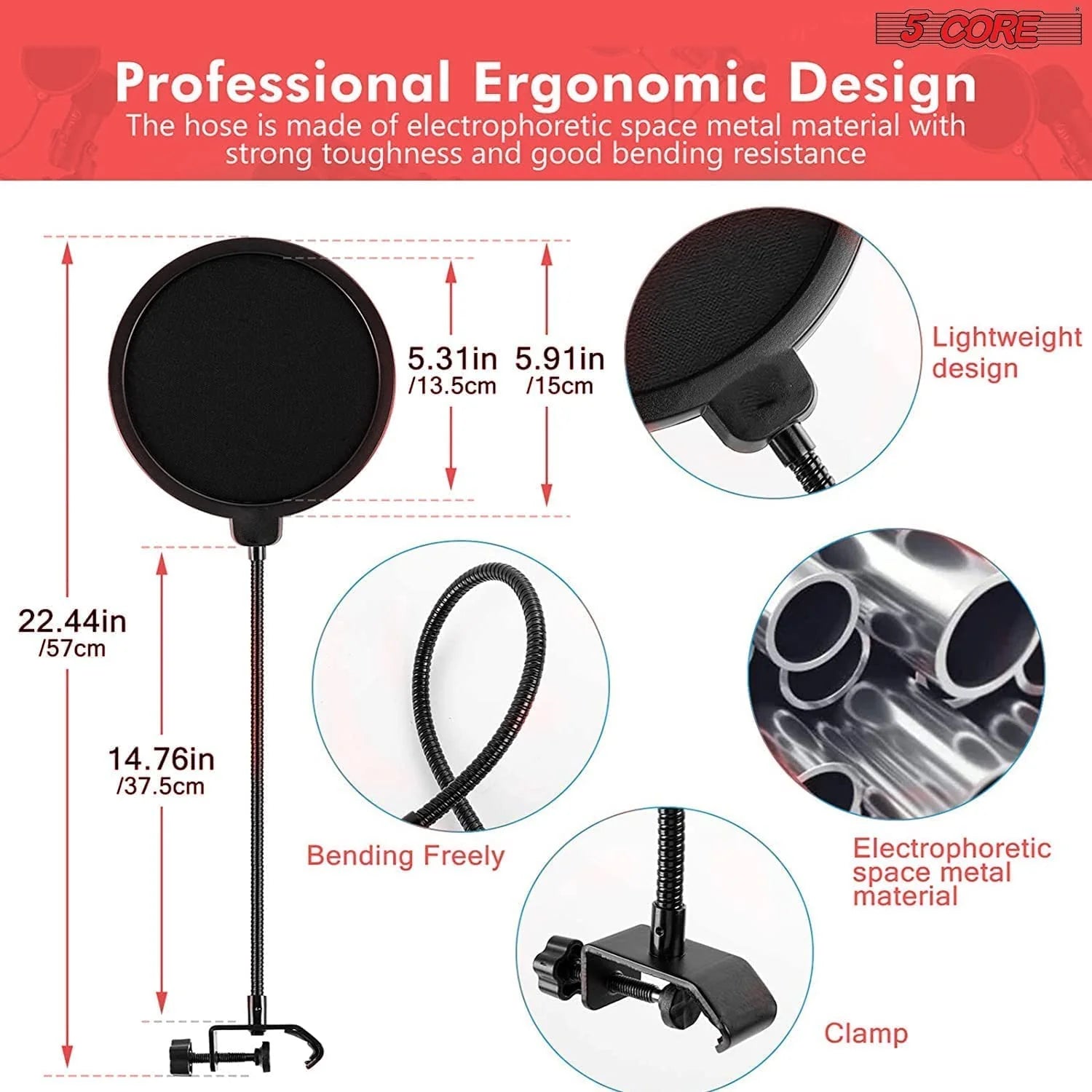 5Core Professional Condenser Cardioid Microphone Bundle for Podcasting with Boom Arm